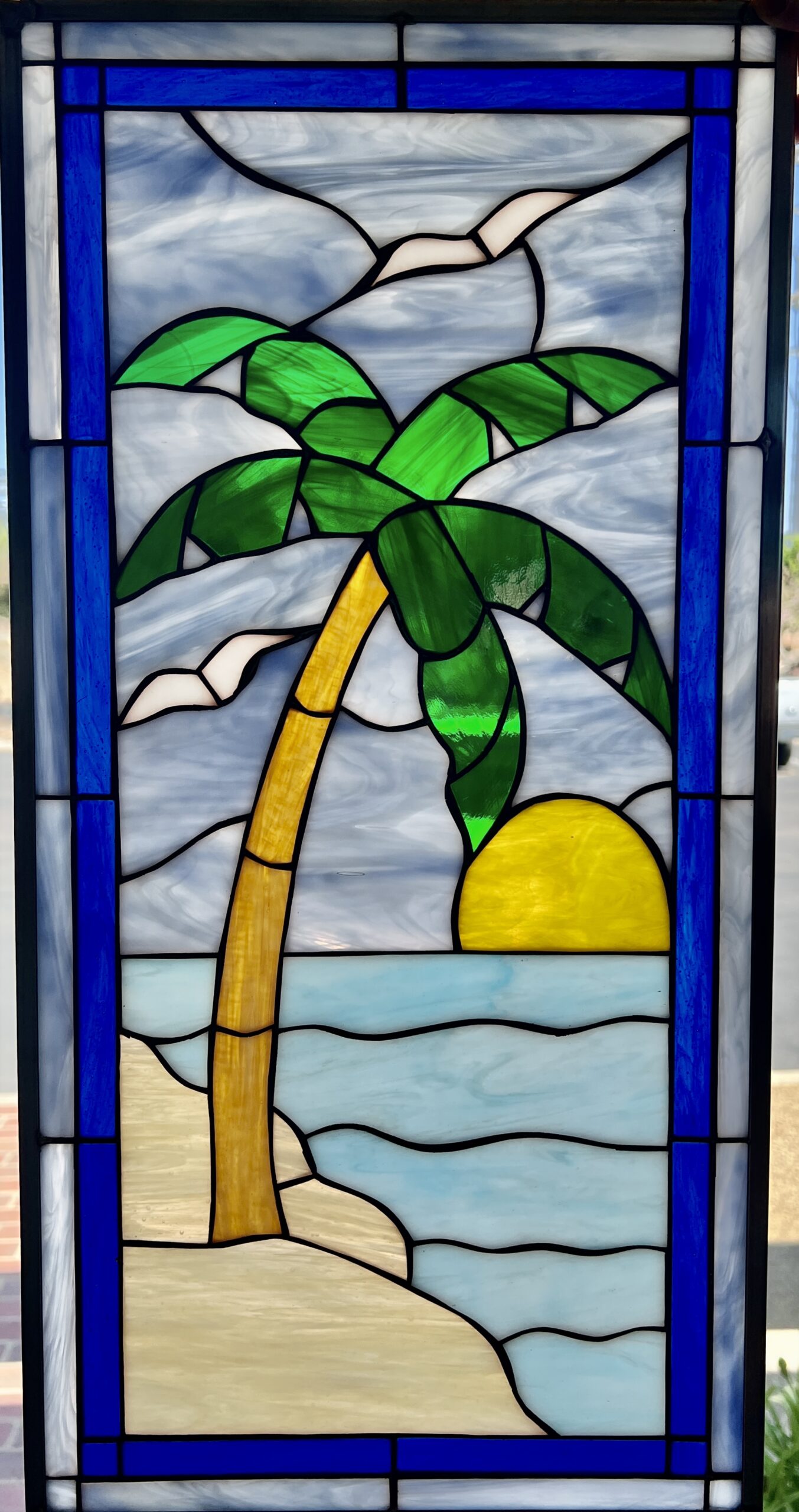 Palm Tree, Sun & Seagulls Leaded Stained Glass Window Panel