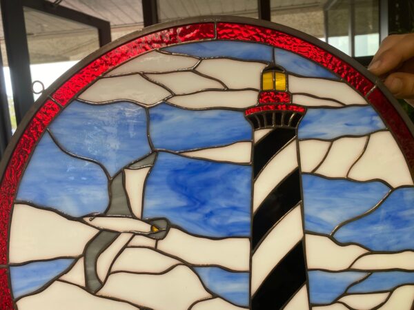 Lighthouse & Seagull Leaded Stained Glass Window Panel