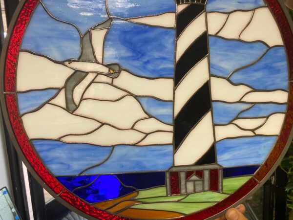 Lighthouse & Seagull Leaded Stained Glass Window Panel