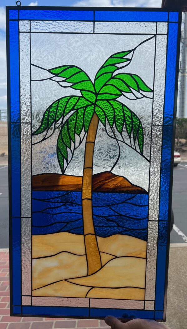 Island Palm Tree Leaded Stained Glass Window Panel
