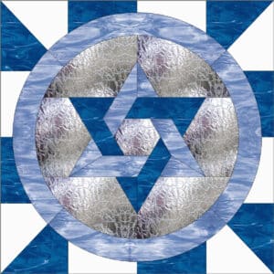 A circular stained glass panel with a prominent geometric hexagram or Star of David pattern in the center. It features textured clear glass for the star's points and central hexagon, surrounded by light blue swirled glass. The outer border consists of dark blue and white geometric triangles and squares.