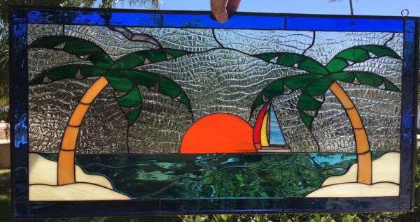 So Nice! Tropical Windy Island Palm Trees Leaded Stained Glass Window Panel
