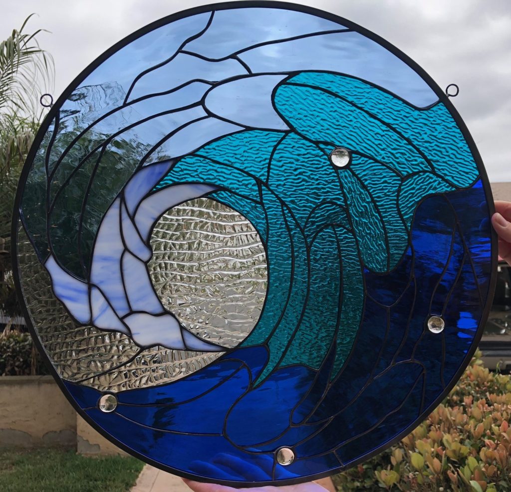Deep Blue! Cresting Ocean Wave Leaded Stained Glass Window Panel