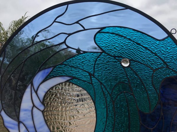 Deep Blue! Cresting Ocean Wave Leaded Stained Glass Window Panel