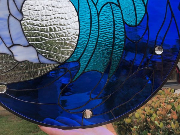 Deep Blue! Cresting Ocean Wave Leaded Stained Glass Window Panel