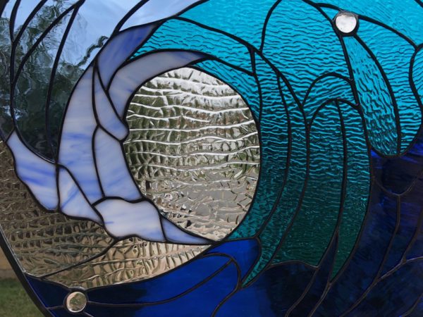 Deep Blue! Cresting Ocean Wave Leaded Stained Glass Window Panel