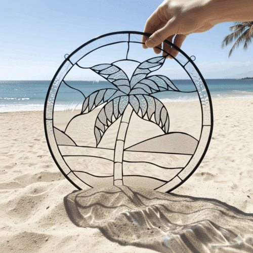 A circular leaded stained glass suncatcher depicting a serene beach scene. A central palm tree is crafted from textured glass, with stylized sand dunes and ocean waves in the background, all made from different types of clear, textured glass.