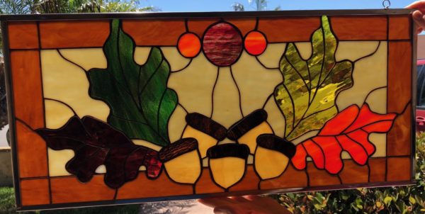 Autumn Leaves & Acorns Leaded Stained Glass Window Panel