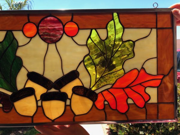Autumn Leaves & Acorns Leaded Stained Glass Window Panel