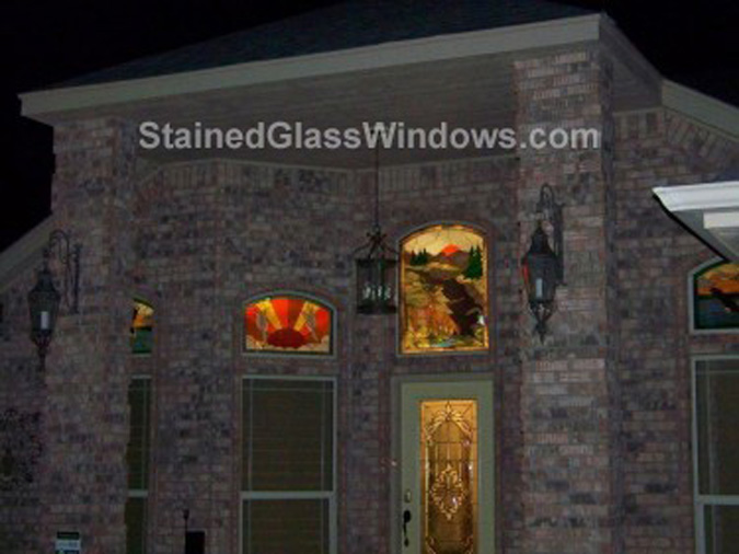 Curb appeal! Stained glass illuminated at night from the street