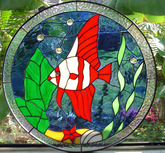 Tropical Fish Sea Shell Leaded Stained Glass Window Panel