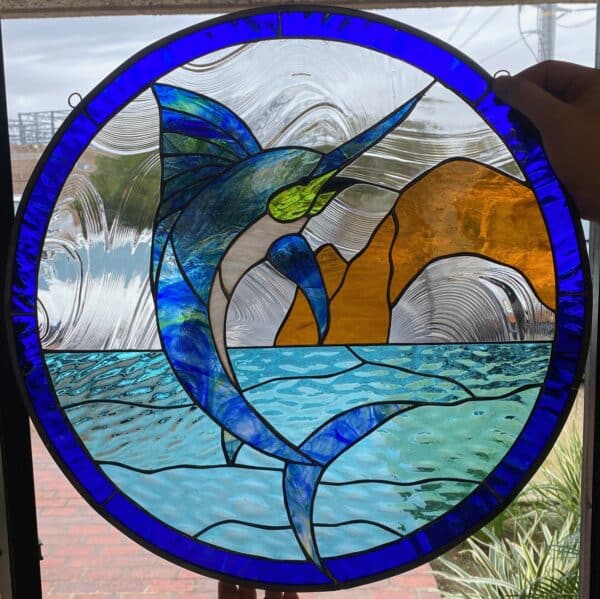 Thrashing Blue Marlin Leaded Stained Glass Window Panel