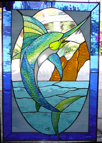 Thrashing Blue Marlin Leaded Stained Glass Window Panel