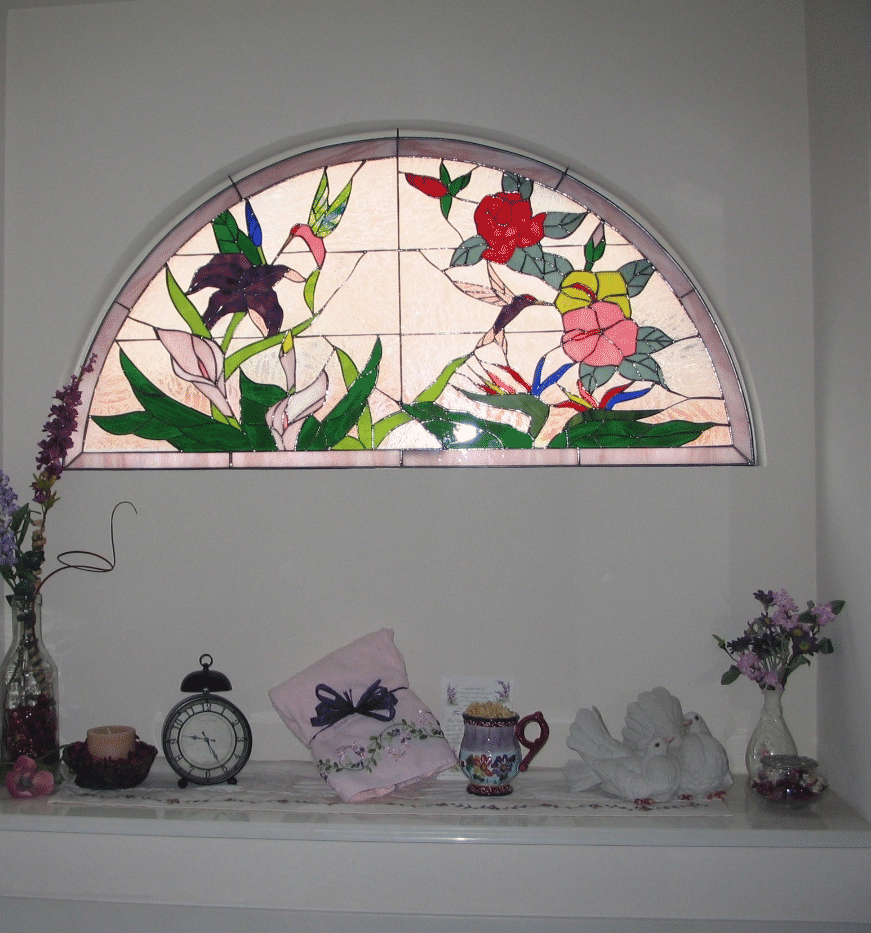 Arched Hummingbird & Hibiscus Stained Glass Window Installed In Bathroom