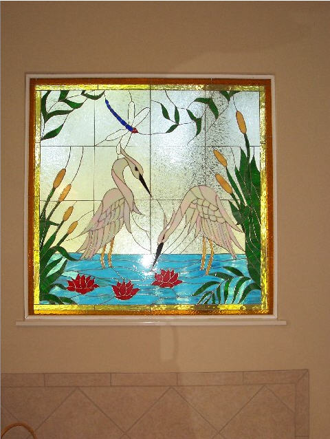 Magnificent Egret And Water Lily Stained Glass Window