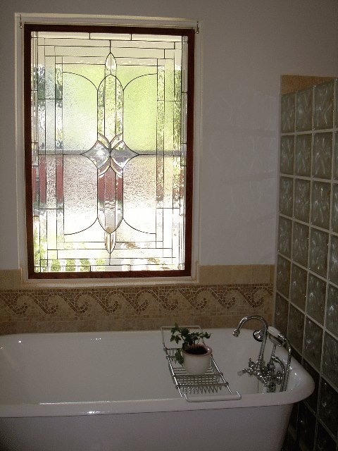 All Clear Beveled Window Installed In Bathroom For Beauty & Privacy