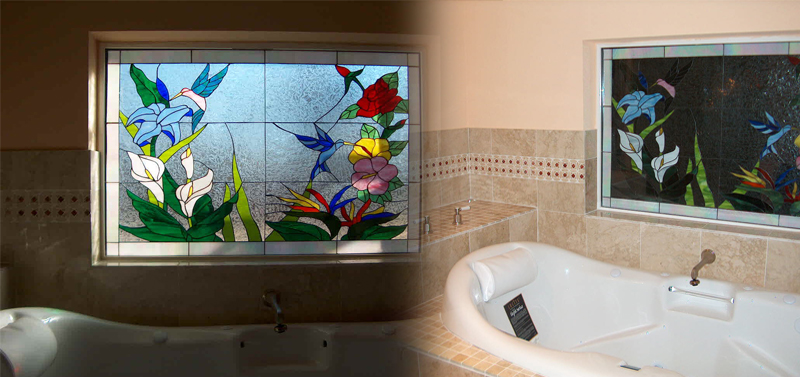 Triple Paned Hummingbird & Flowers Window Installed Over A Tub