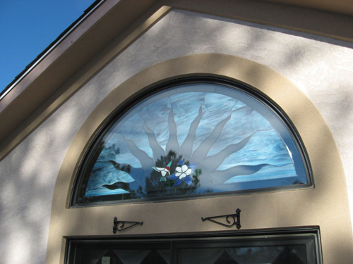 Beveled Arched Sun Rays With Hummingbird Stained Glass Window