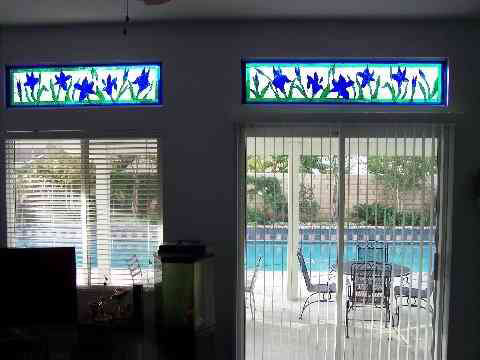Blue Irises Stained Glass Transom Windows