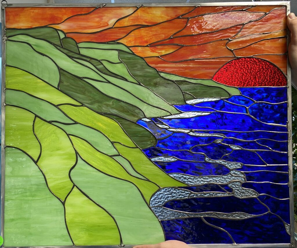All original! Hawaiian Coastline & Sunset Leaded Stained Glass Window Panel