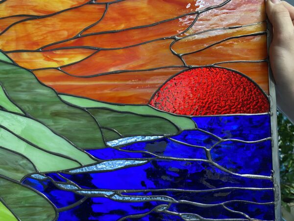 All original! Hawaiian Coastline & Sunset Leaded Stained Glass Window Panel