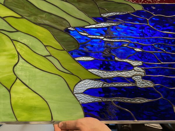 All original! Hawaiian Coastline & Sunset Leaded Stained Glass Window Panel