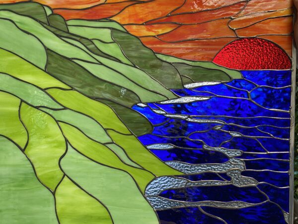 All original! Hawaiian Coastline & Sunset Leaded Stained Glass Window Panel