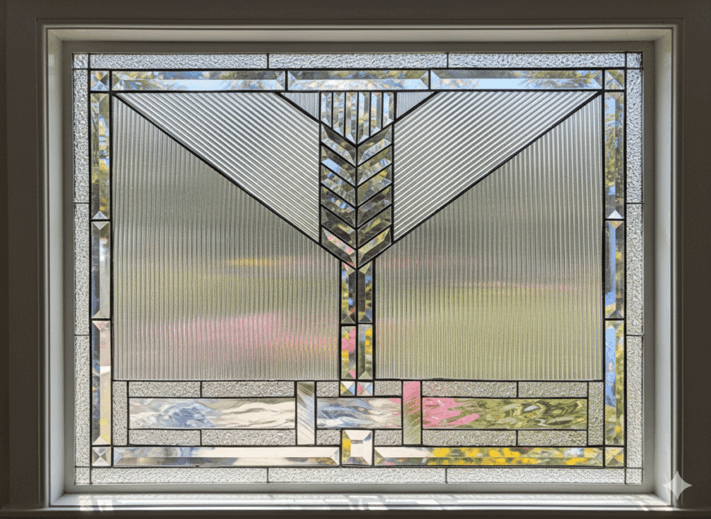 A rectangular stained glass window with a symmetrical, architectural design. It features a large chevron, or V-shape, made of diagonally textured glass, and a central spine and border made of sparkling, clear beveled glass.