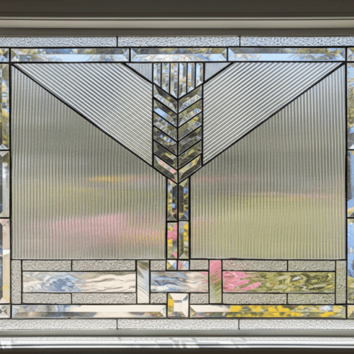 A rectangular stained glass window with a symmetrical, architectural design. It features a large chevron, or V-shape, made of diagonally textured glass, and a central spine and border made of sparkling, clear beveled glass.