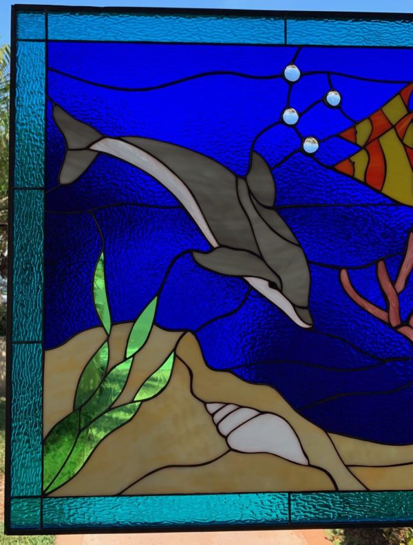 Dolphin, Crab & Seahorse Leaded Stained Glass Window Panel