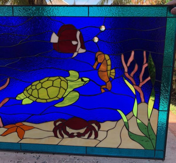 Dolphin, Crab & Seahorse Leaded Stained Glass Window Panel