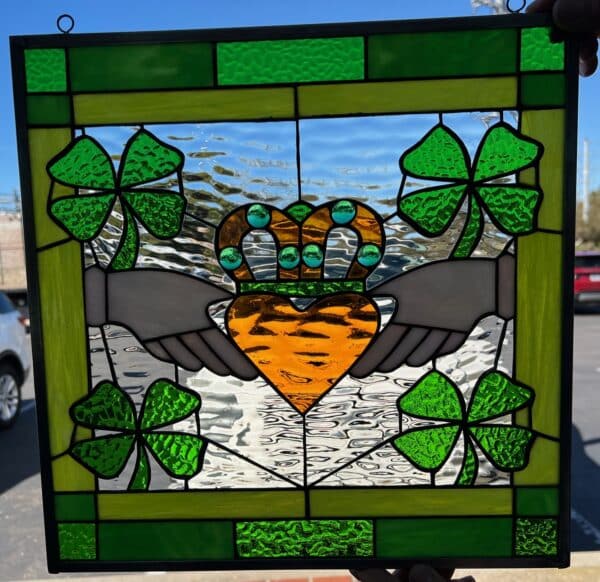 Irish Claddagh Ring Leaded Stained Glass Window panel