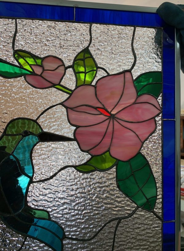 Hibiscus Feeding Hummingbird Leaded Stained Glass Window Panel