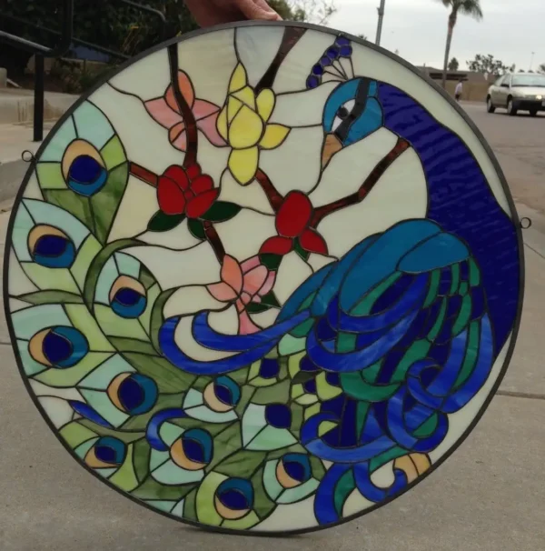 Peacock Tail & Flowers Leaded Stained Glass Window Panel