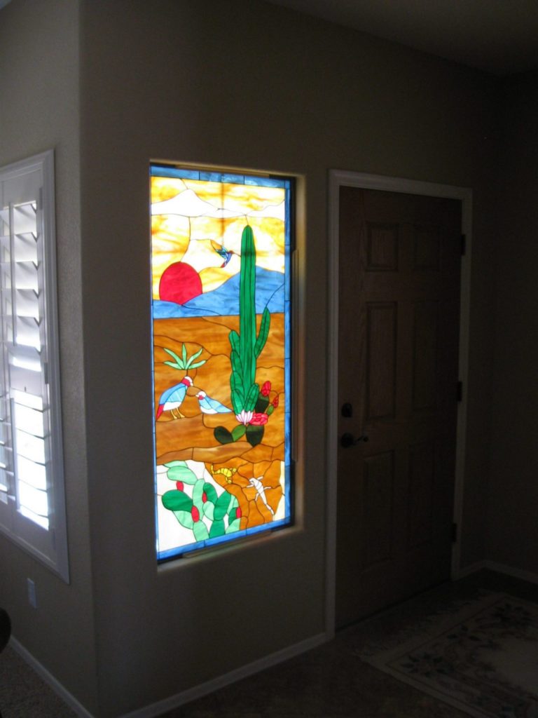Beautiful Quail & Desert Cactus Stained Glass Window Installed In A Sidelite