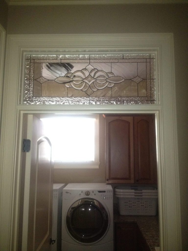 Stained Glass Beveled Transom Window Installed Above Laundry Room Entry