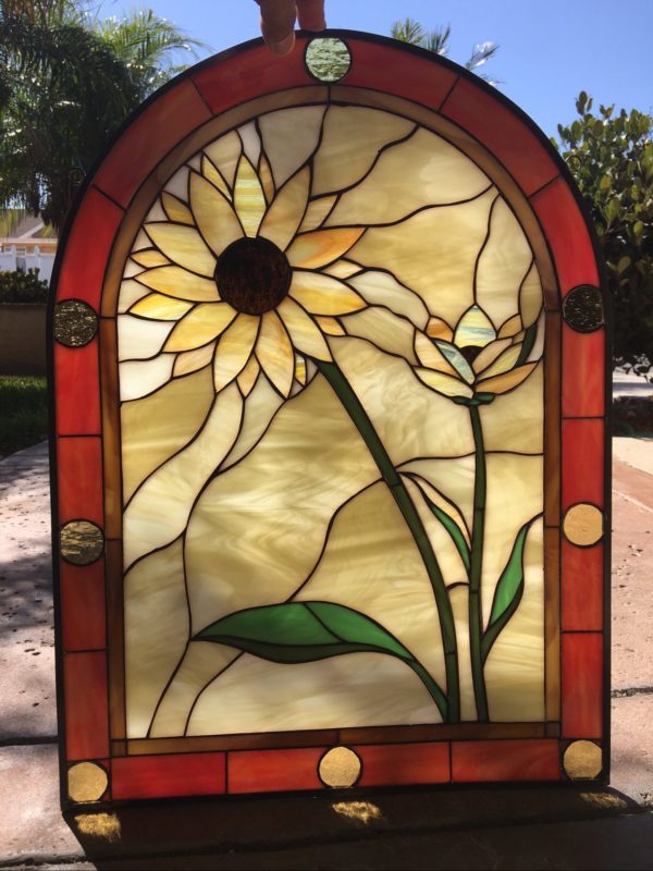 The "Sunflower Duo" Arched Leaded Stained Glass Window Panel