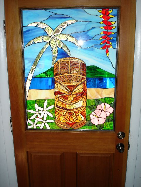 Triple Pane/Insulated Tiki & Palm Tree Insert Installed In Front Door