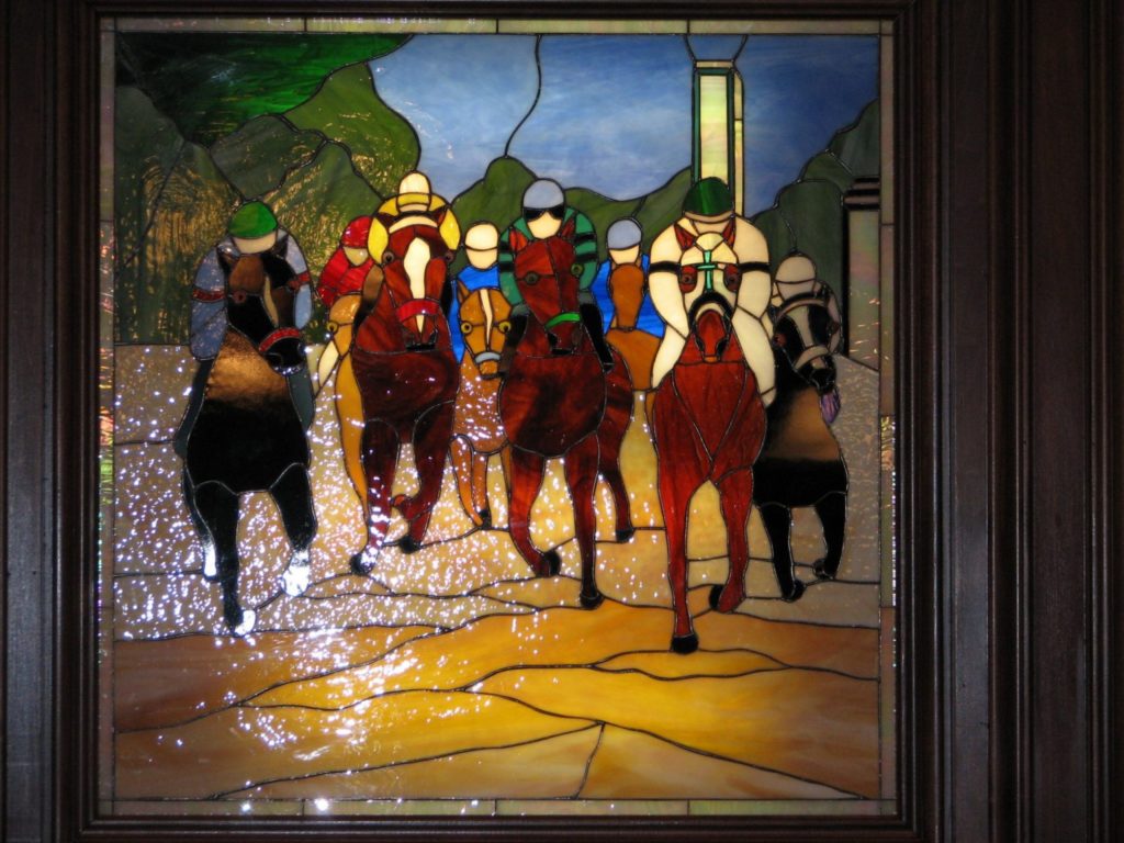 Horse Racing Stained Glass Window Installed And Artificially Backlit