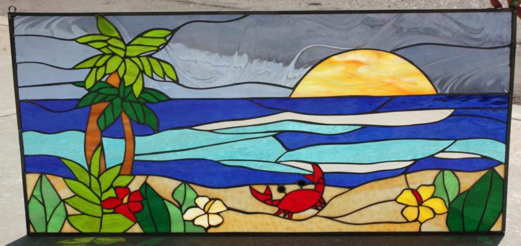 So nice!! Crab, Palm Tree, Flowers & Sunset Leaded Stained Glass Window Panel