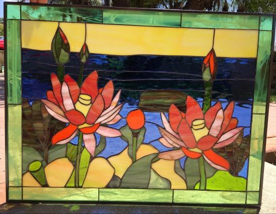 Lovely Lotus Flowers & Lake Leaded Stained Glass Window Panel