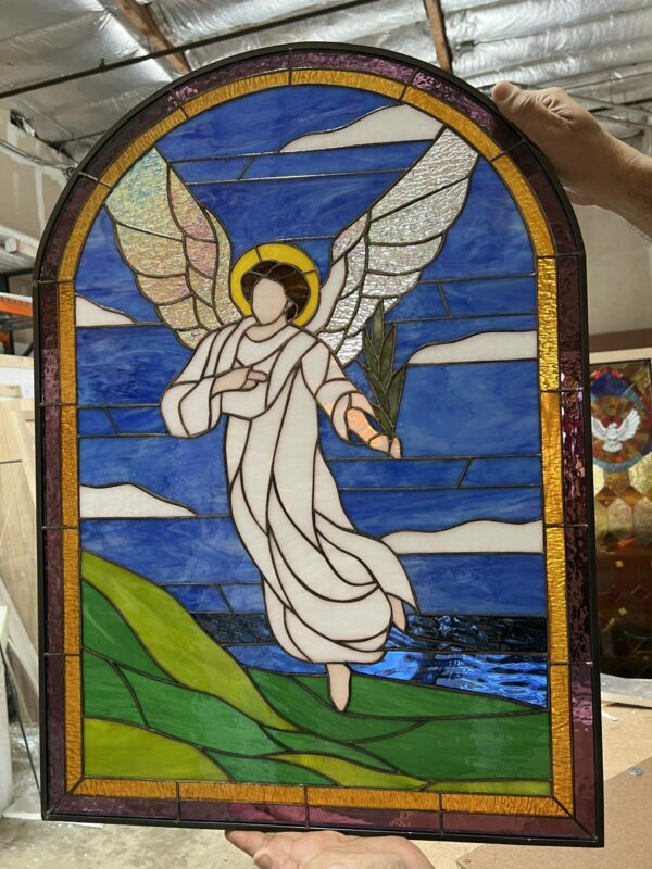 Angel and Seashore Leaded Stained Glass Window Panel