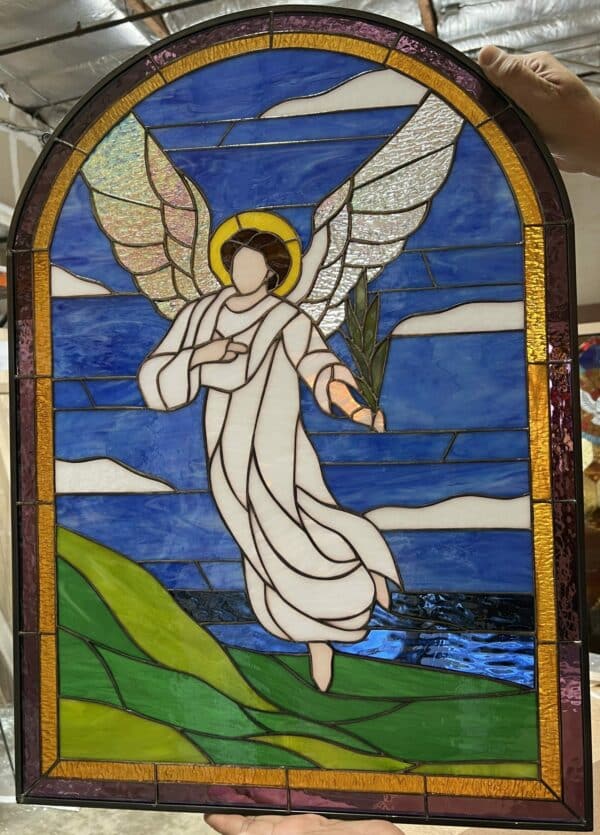 Angel and Seashore Leaded Stained Glass Window Panel