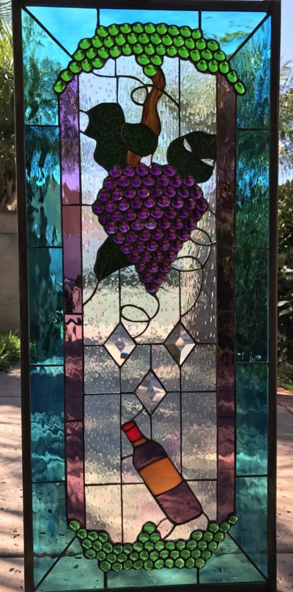 Cheers! Wine Bottle, Diamonds & Grapes Leaded Stained Glass Window Panel