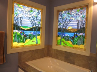 Tiffany Tree Of Life Stained Glass Windows Installed Into Bathroom Windows