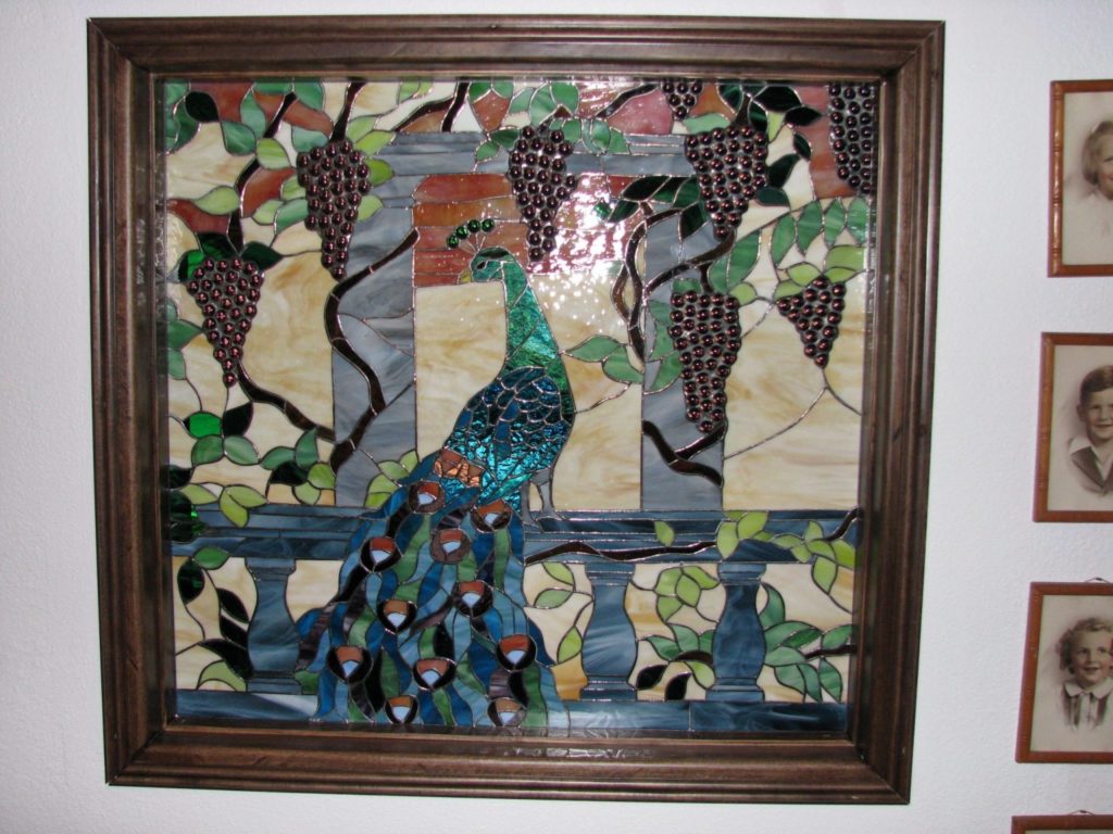 Peacock & Grapes Stained Glass Window Panel Used As A Room Divider