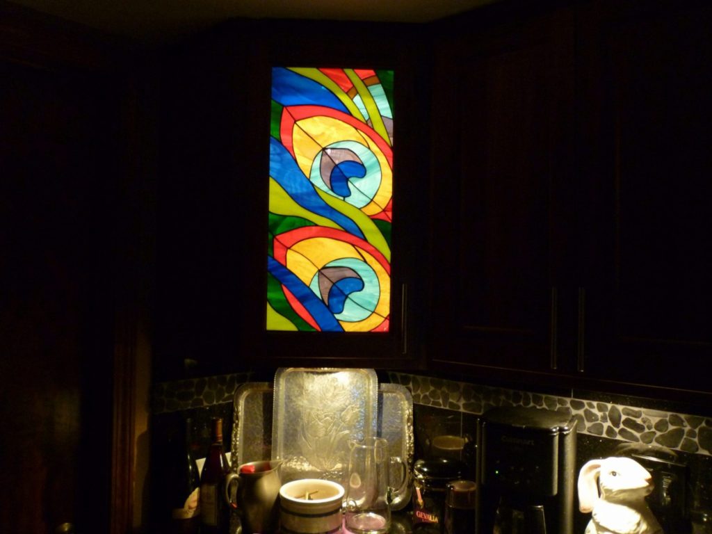 LED Backlit Abstract Kitchen Stained Glass Cabinet Insert