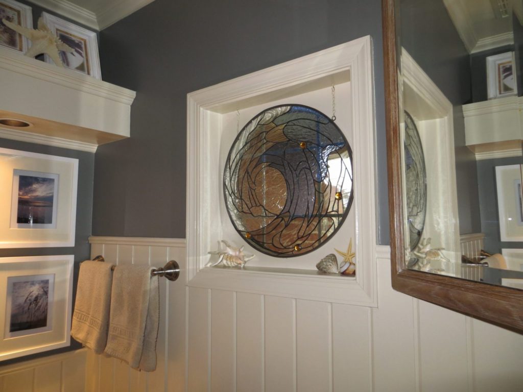 Cresting Wave Stained Glass installed in a Bathroom
