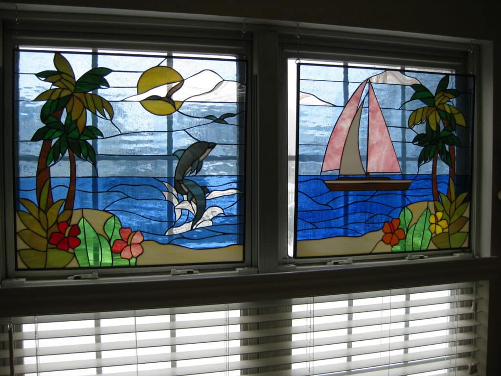 Dolphin & Sailboat Stained Glass Window Hung With Chains