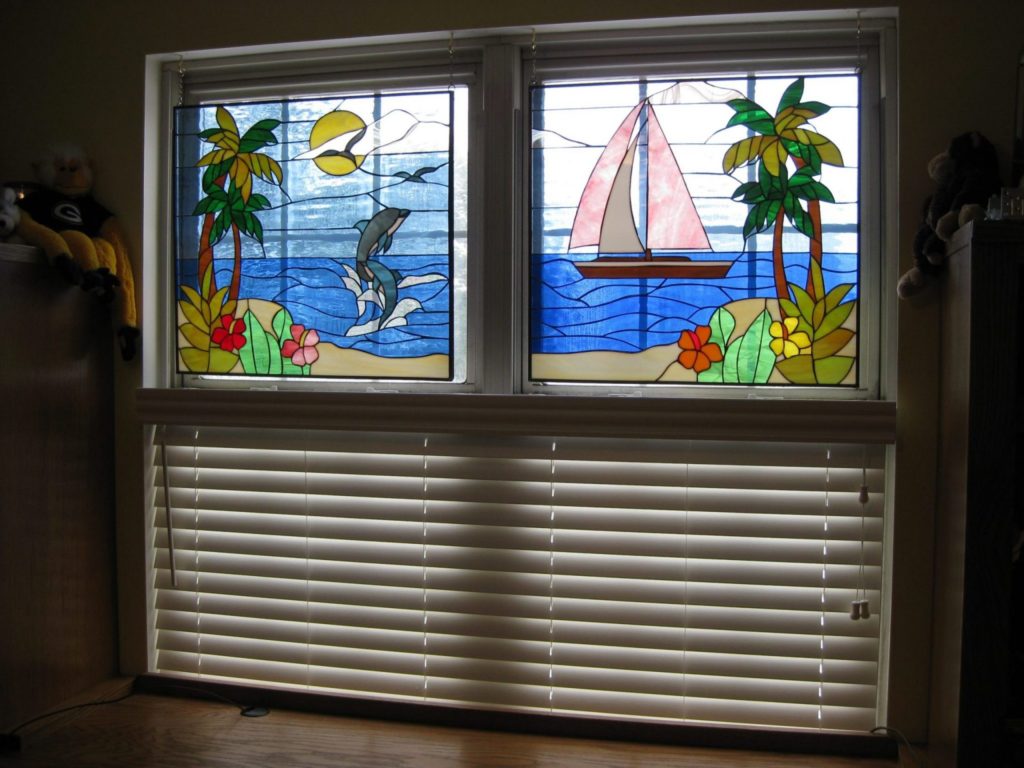 Dolphin & Sailboat Stained Glass Hung With Chains In Front Of An Existing Window!